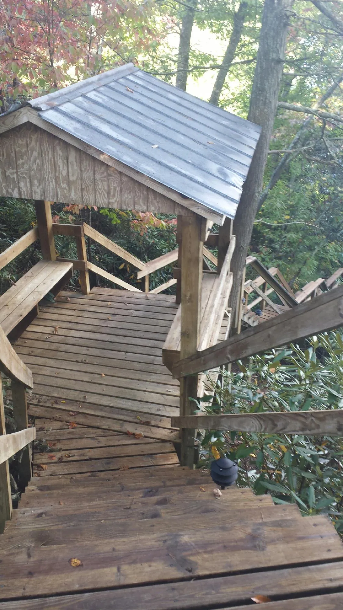 Metal roofed shelter over wooden steps on a wooded walkway — Skylight Repair & Installation work by our crew in Waldwick